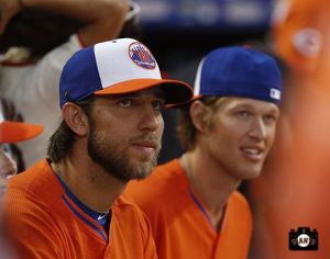National League All-Star pitchers Madison Bumgarner and Clayton Kershaw watch the Home Run Derby Monday July 15, 2013, at Citi Field in NY. Photo by SF Giants/Andy Kuno